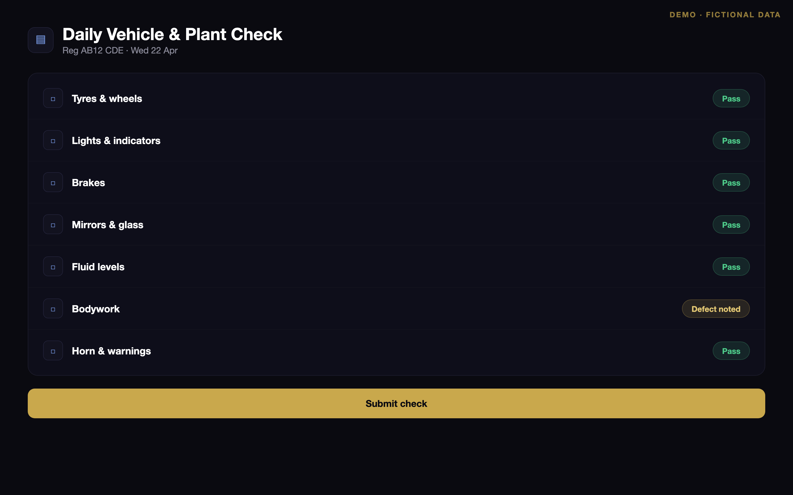 Daily vehicle and plant check form demo (fictional data)